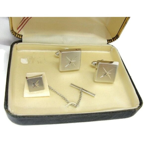 Tradition Silver Tone Cufflink Matching Tie Set Formal Wedding Tux Vintage IOB - Picture 2 of 16